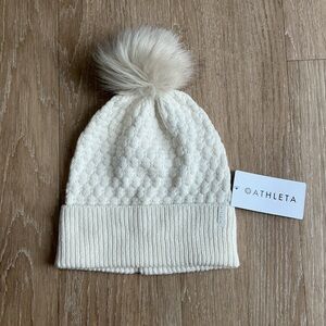 Athleta Ivory Knit Hat with Fuzzy Pom-Pom NWT